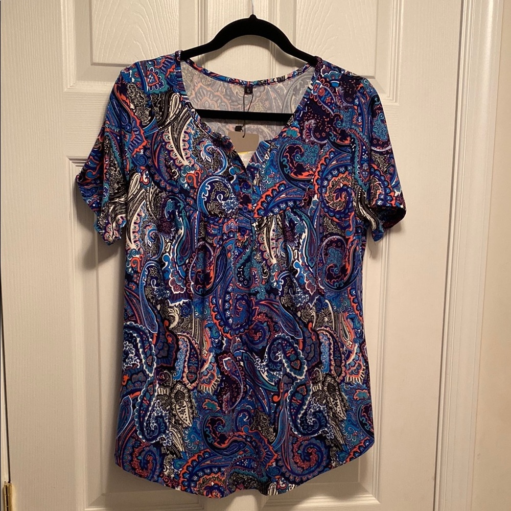Brand New A. Jesdani Paisley Print Blue Top…size L